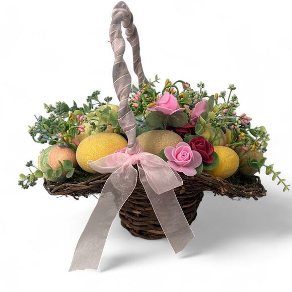 Easter Basket Filled  Eggs Floral Greenery Wicker Hat Table Decor Centerpiece - Picture 2 of 6